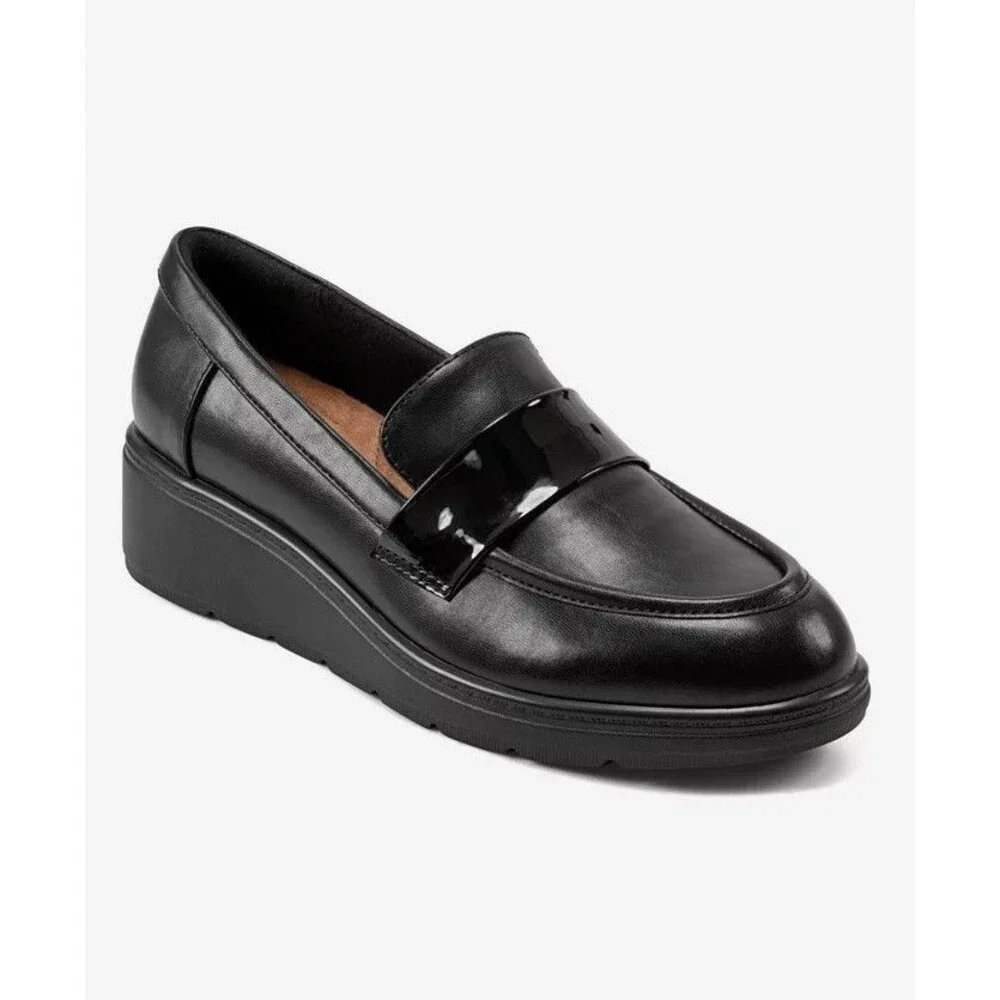 Easy Spirit Tahlia Slip On Wedge Loafers Black w/ Patent Leather Strap Size 7.5M